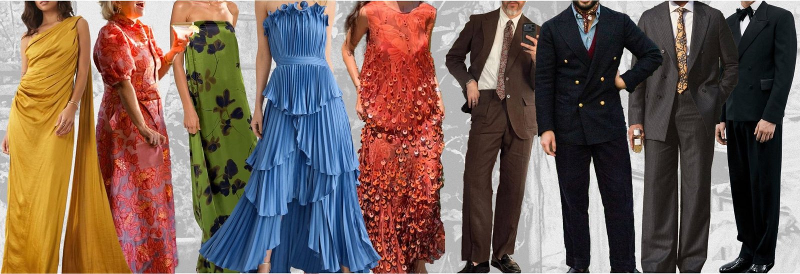 Outfit inspiration: gowns in gold, coral, green, blue and red, and suits in brown, navy, charcoal and black