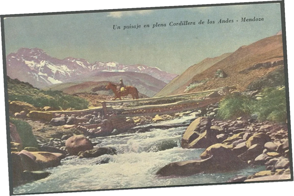 Vintage postcard of a mountain stream and a rider crossing a log bridge in the Andes, Mendoza